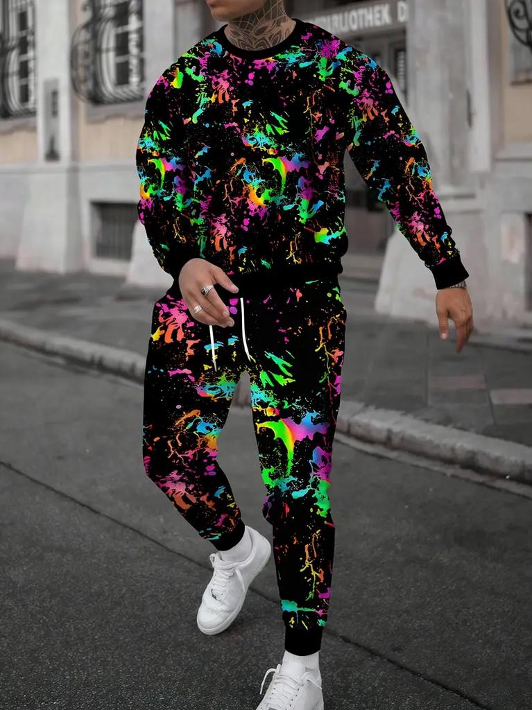 Men's Trendy Gradient Color Paris Letter 3D Print T-shirt Pants Set For Men Fashion Outdoor Long Sleeved Pullover Jogging Outfit
