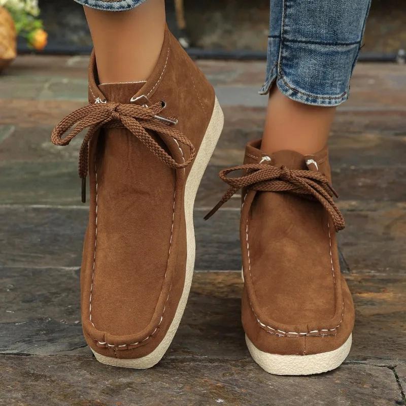 Fashion Women's Fashion Flat Single Boots Autumn New Round Head Suede Front Lace-up Soft Sole Non-slip Ankle Boots 36-43