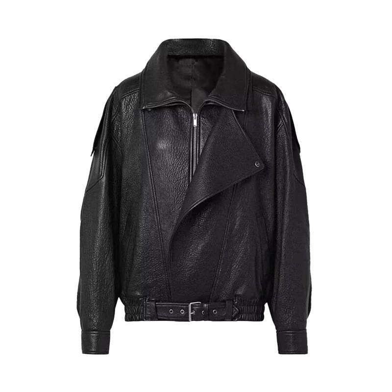 Womens Oversized Vintage Streetwear Leather Jacket Black Purple Loose Fit Zipper Front Mid-Length Fall 2025