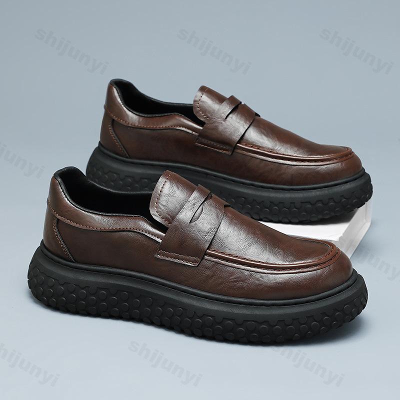 Men's Leather Shoes 2025 Autumn British Style Trendy Thick-soled Casual Shoes Anti-slip Wear-resistant Chunky Loafers