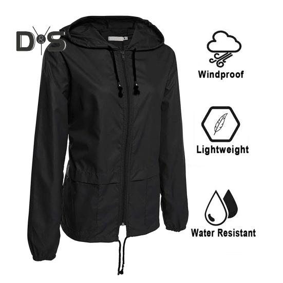 Giacca antipioggia da donna, leggera, comoda, casual, per campeggio, escursionismo, con cappuccio, impermeabile, foderata, antivento, con tasche