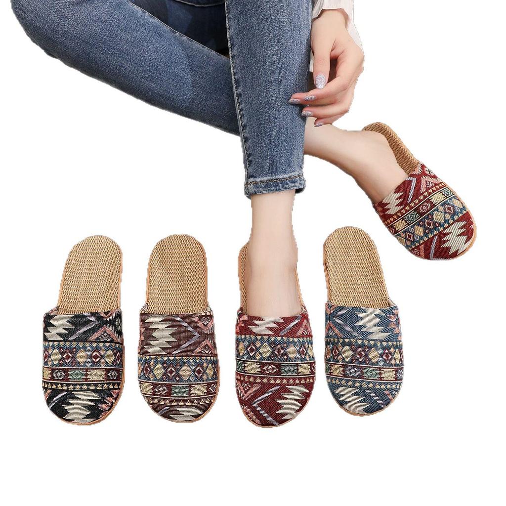 Women's Ethnic Diamond Pattern Cotton-Linen Headscarf Slippers - Large Size, Comfortable Home Footwear