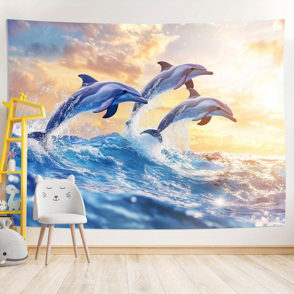Sonnenuntergang Delfin Wandteppich, Springende Delfine in Blauen Meereswellen, Großartig für Wohnzimmer Schlafzimmer Wanddekoration im Küstenstil