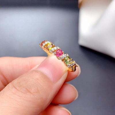Adjustable Women's Multicolor Tourmaline Gemstone Ring with Zirconia Diamonds
