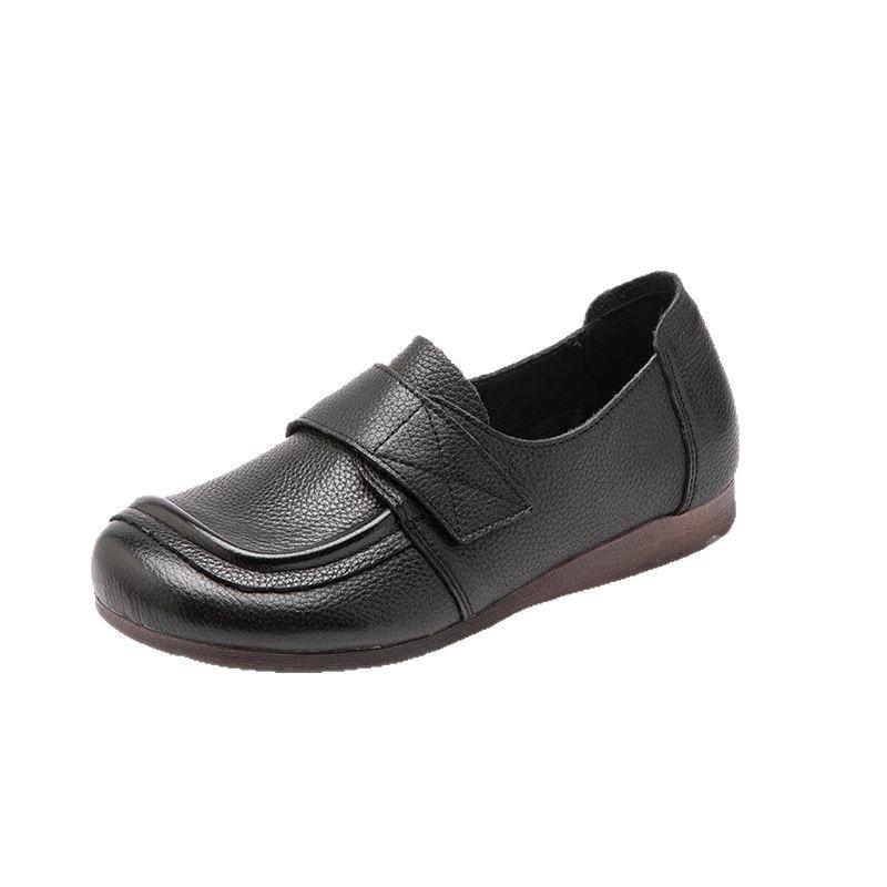 Spring Leather Beef Tendon Soft Sole Single Shoes Women's Flat Heel Deep Mouth Velcro Retro Handmade Middle and Old Mother Shoes