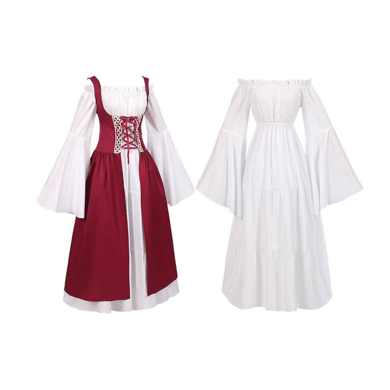 Medieval Women Victorian Long Red White Dress High Waist Design Parties Cosplay