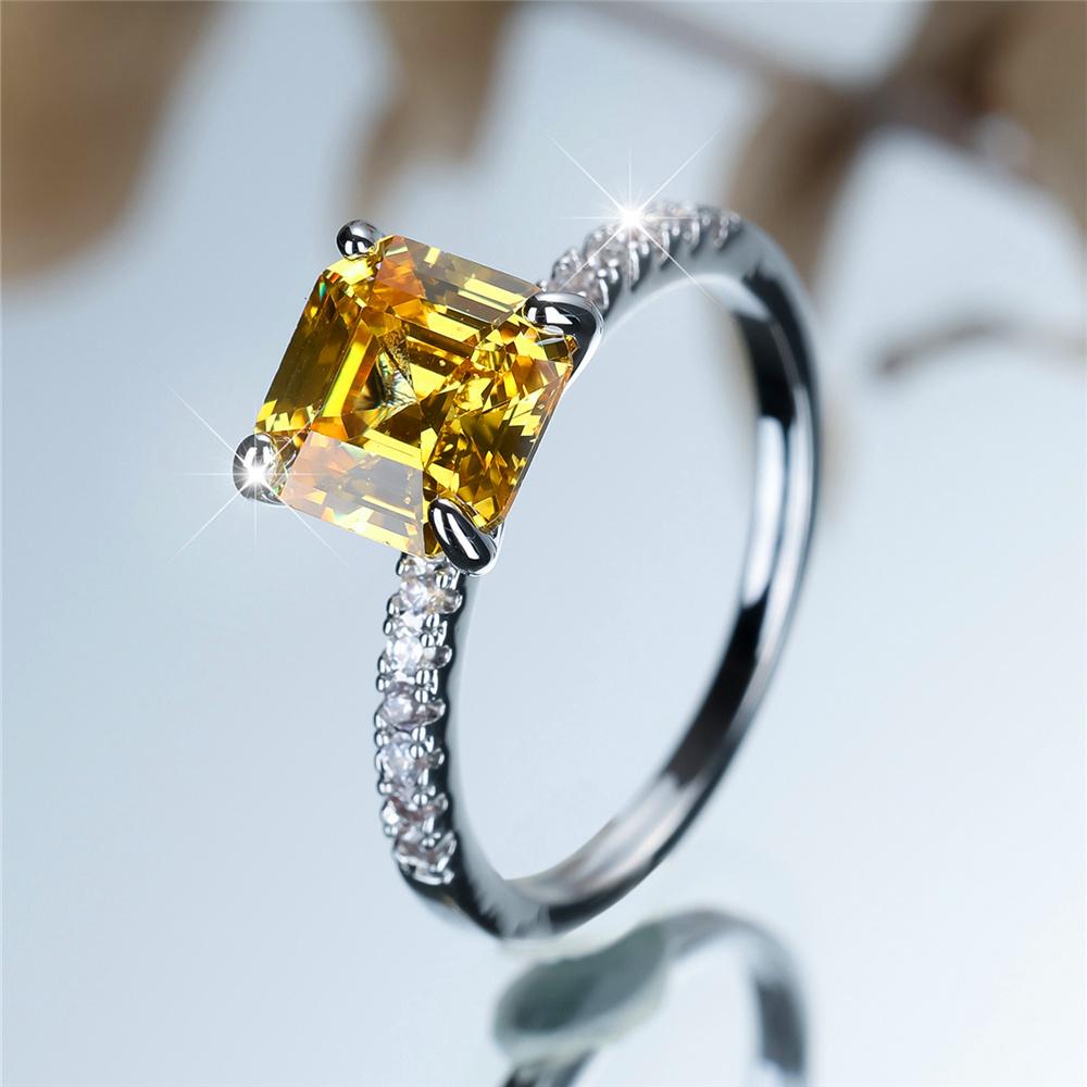 Charm Female Pink Yellow Stone Square Ring Silver Color Cute Gift Wedding Jewelry For Women