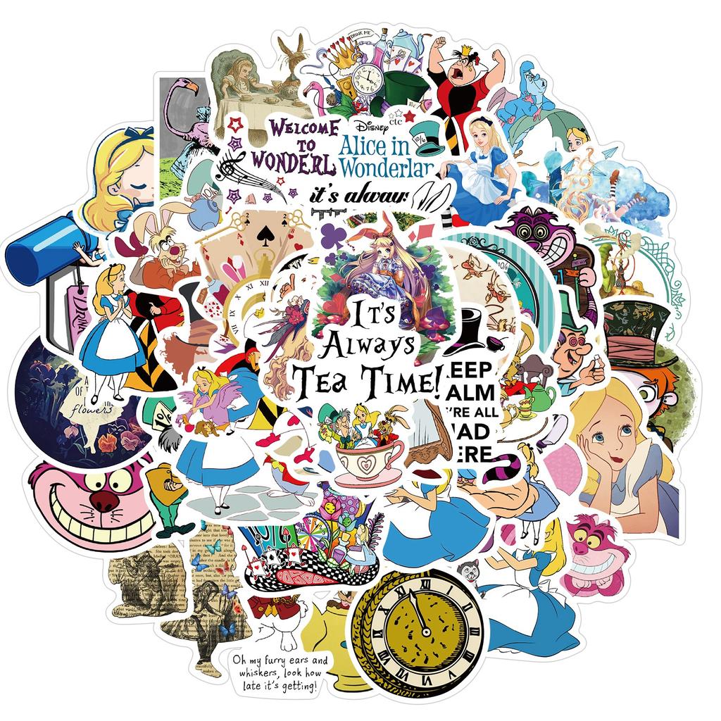 50pcs Disney Movie Alice in Wonderland Stickers Cute Cartoon Graffiti Sticker Decals for Kids Toy Water Bottle Phone Case