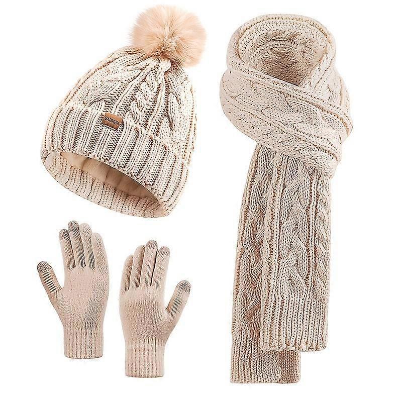 2025 Winter Beanie Hat Scarf Gloves Set for Women, Pom Pom Fleece Lined Hat Long Scarf Neck Warmer Touchscreen Gloves for Cold Weather
