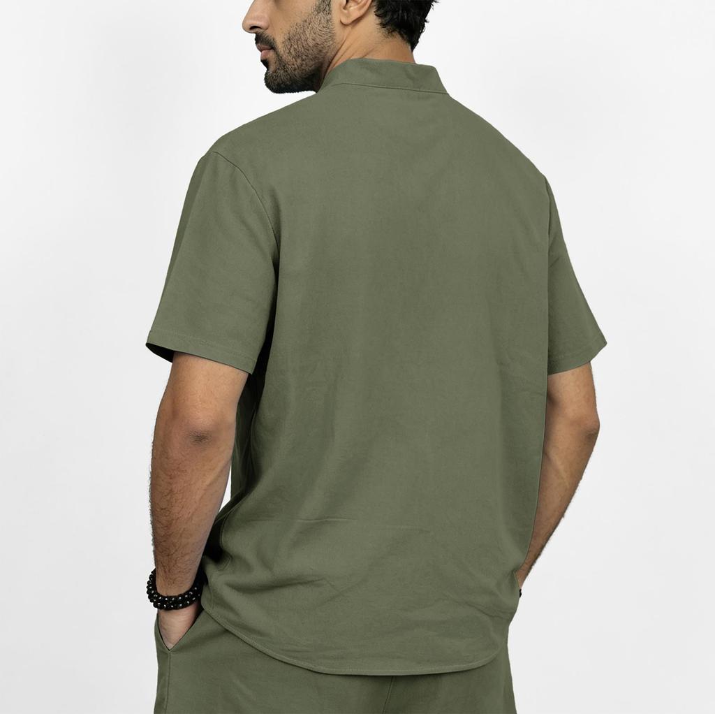 Men's Summer Linen Short Sleeve Shirt Stand Collar Button Down Shirt Casual Breathable Lightweight Top for Daily Wear