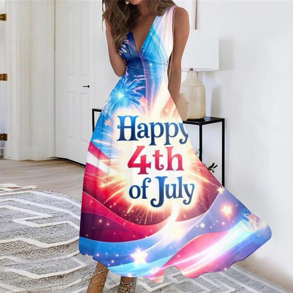 Sleeveless V Neck Maxi Dress with Independence Day Print and Pattern for Women Holiday Wear