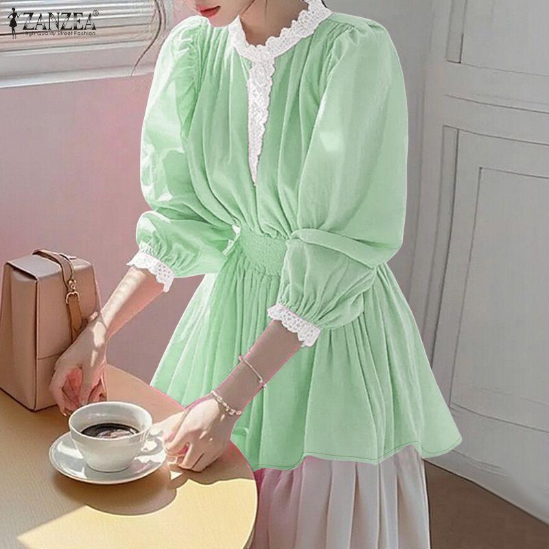 ZANZEA Women Lace Splice Stand Collar Casual Long Sleeve Blouse