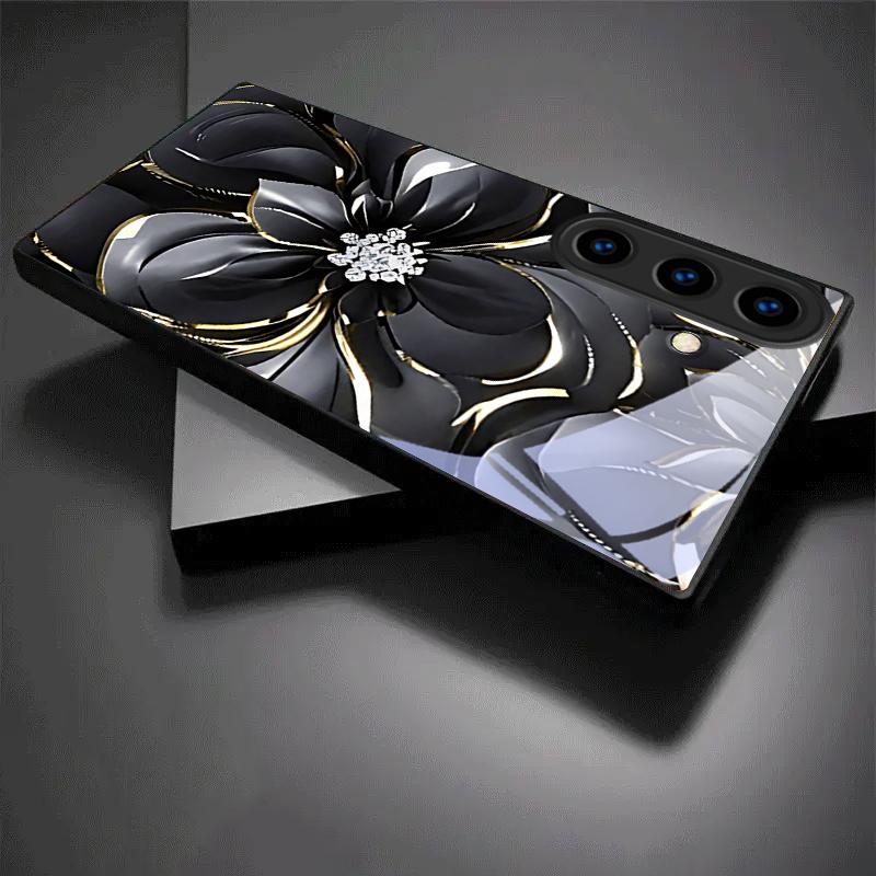 Midnight Gilded Petals Black Glass Phone Case For For Samsung Galaxy S26 S25 S26Ultra S25 Edge S24 FE S23 S22 S21 S20 Plus Cover