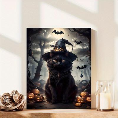 Halloween Czarny Kot Nietoperz Dynia Płótno Plakat - Świetna Dekoracja na Imprezę Halloweenową Prezent na Nowy Rok Wielkanocny W zestawie Elementy do Zawieszenia z Ramą