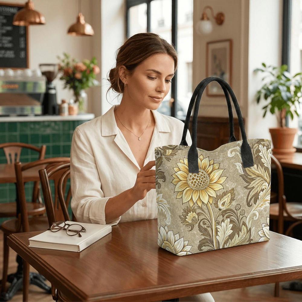  Sunflower Print Tote Bag Vintage Large Capacity Casual Shoulder Bag for Daily Commute Shopping