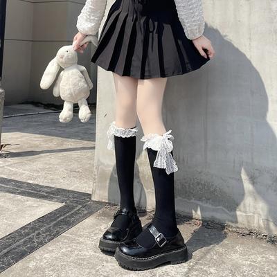Frauen süße solide weiß schwarz Lolita Rüschen Mädchen Strümpfe Lady JK japanische Gothic Stil Spitze Schleife kniehohe lange Socken