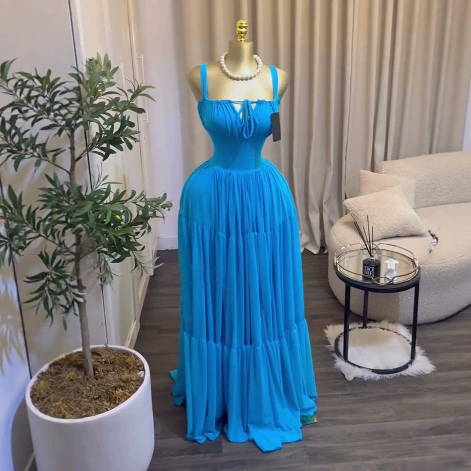 European and American women's clothing summer new sexy temperament pleated seaside vacation style long suspender dress