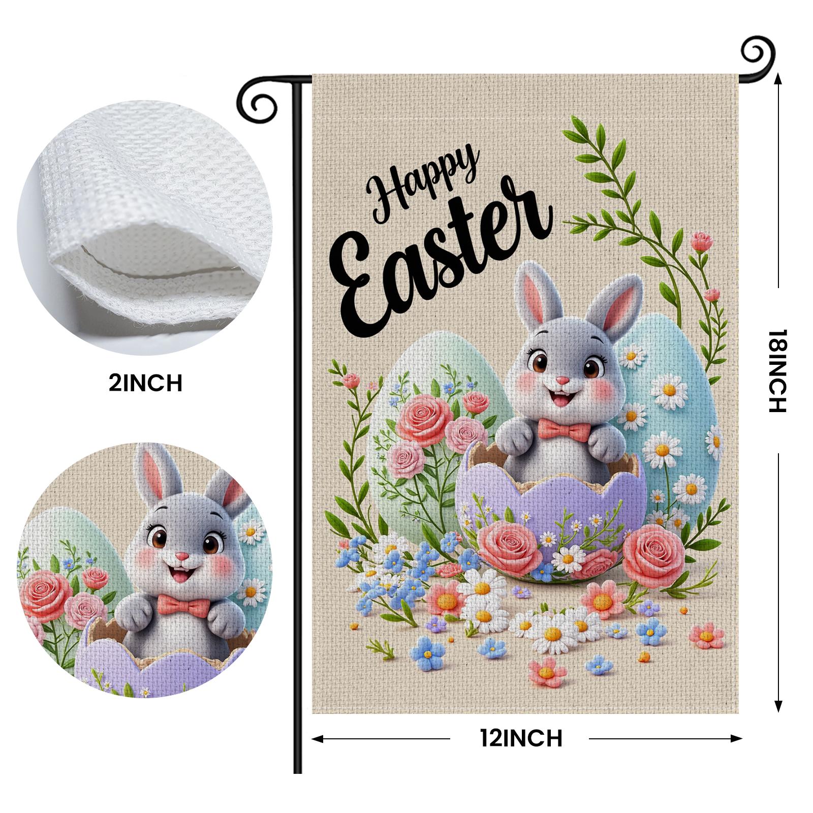 

Happy Easter Garden Flag Bunny in Eggshell 12x18in Double Sided Spring Flowers Rabbit Yard Flag Easter Eggs Outdoor Decor Banner