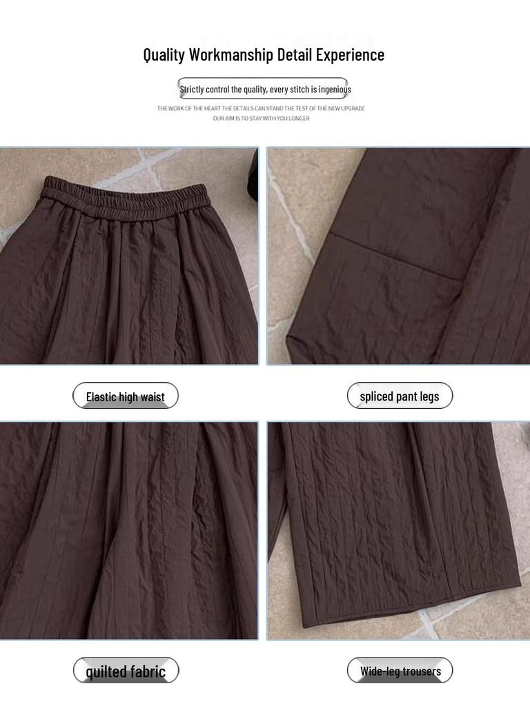 Women's Autumn/Winter 2025 Coffee Quilted Wide-Leg High-Waisted Culottes Skirt - Plus Velvet, Slimming, Thickened, Three-Quarter Length.
