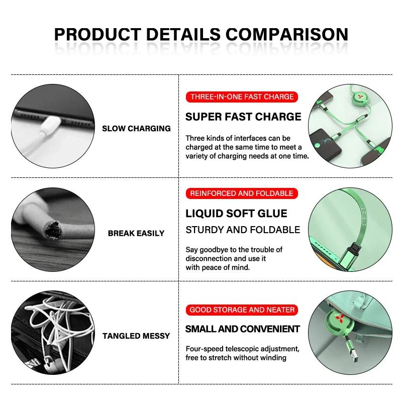 1Pcs 3 in 1 USB Car Charging Cable Retractable Charger Cable For Mitsubishi Lancer ASX Outlander Pajero Carisma L200 Galant EVO