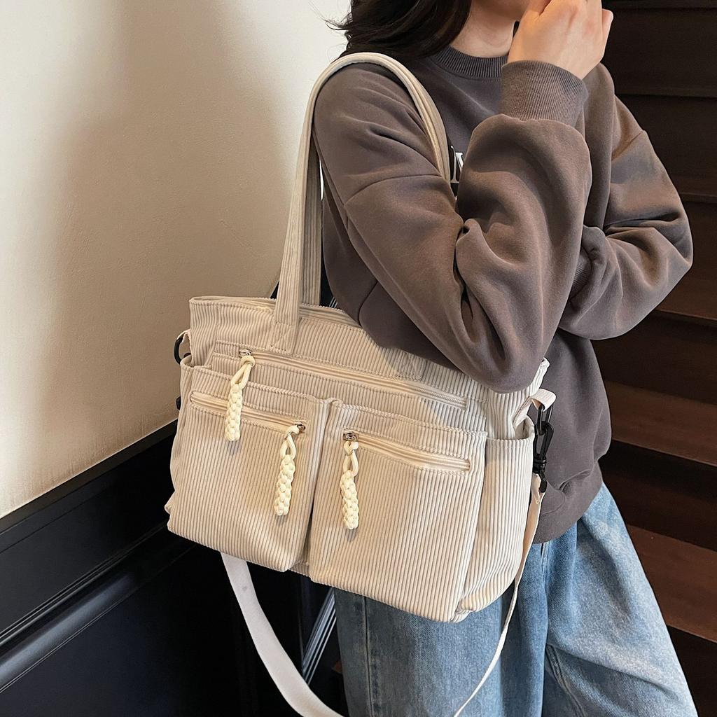 Corduroy Simple Poop Carrying Shoulder Bag for Women Adjustable Shoulder Strap Crossbody Bag Large Capacity Commuting Handbag