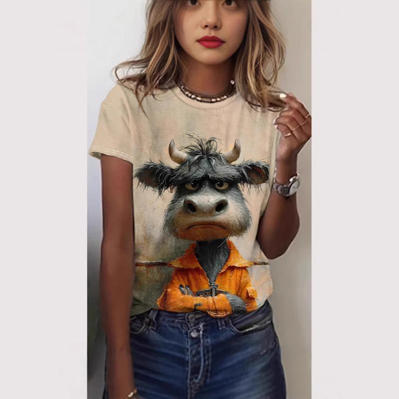 T-shirt d'été pour femme avec impression grenouille 3D, graphique amusant 'percée murale', col rond, manches courtes, décontracté, ample