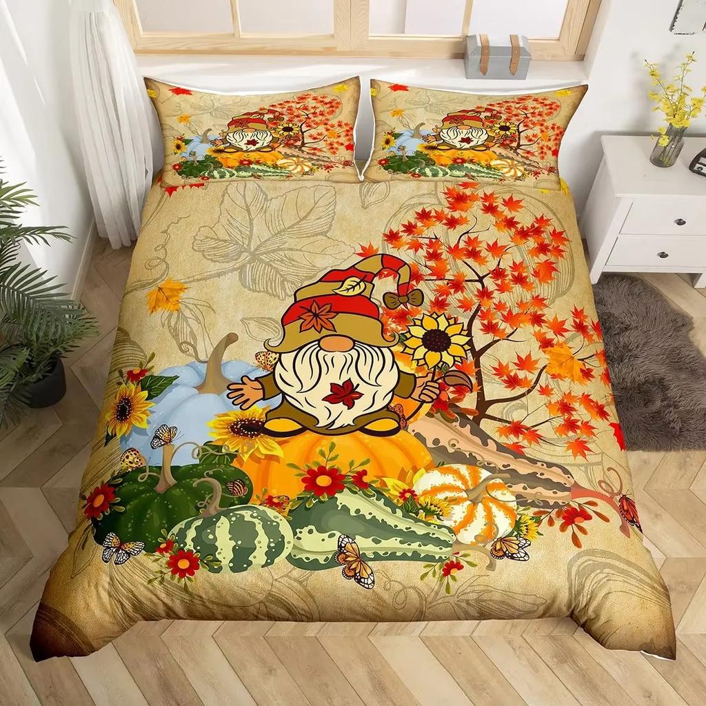 Pumpkin Duvet Cover Set Maple Leaves Bedding Sets Thanksgiving Plant Pattern Comforter Cover Set Autumn Harvest Farmhouse Decor