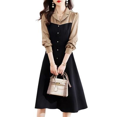 Lopis Shirt Open Long Spring Women's Two-Tone Dress, A-Line, Below-the-Knee Length, Front, Casual, Stylish, Figure-Flattering, Sleeves, Fall, Winter,