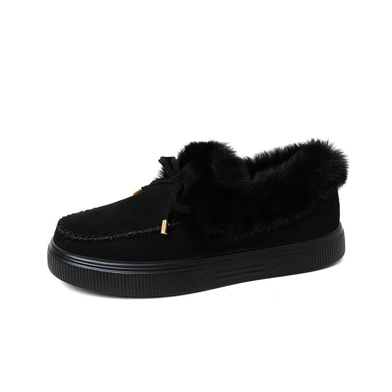 2025 Winter Women's Cotton-Lined Boots with Bow Detail Warm Flat-Soled Oversized Fleece-Lined Boots Women's Snow Boots