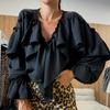 Autumn Design Sense V-neck Long Sleeve Solid Color Blouse Blouse Women