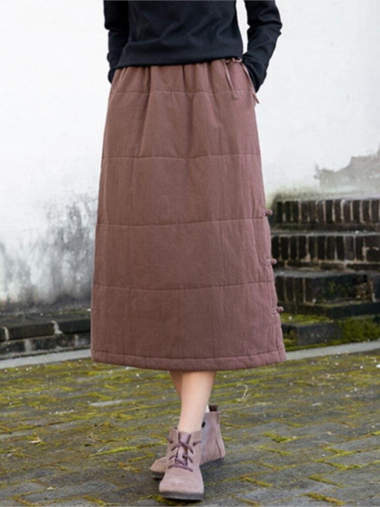 Johnature Frauen Vintage Baumwolle Leinen Röcke Elastische Taille Einfarbig Kleidung Herbst Winter Plus Baumwolle Taste Warme Röcke