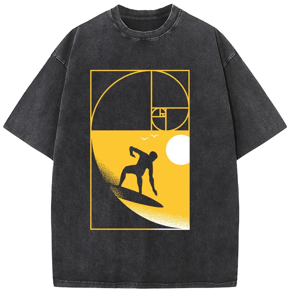 Math Geometry Surfing Unisex Washed T-Shirt Novelty 230g Cotton Summer O-Neck Bleached Tshirt Funny Casual Loose Bleach Tops Tee S