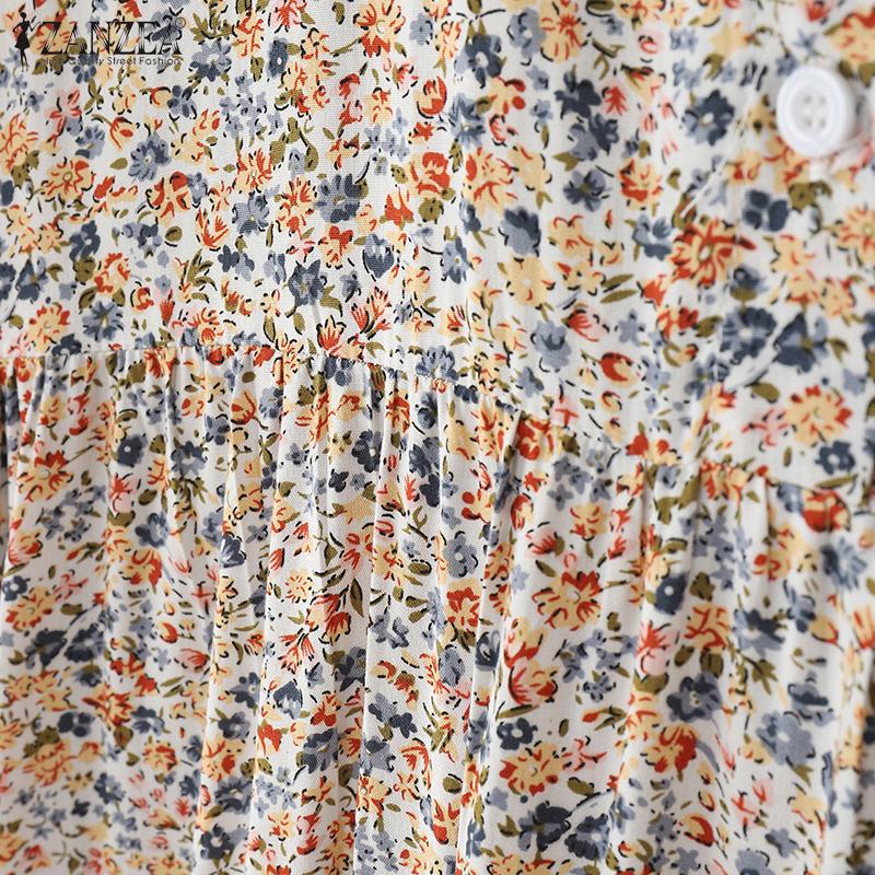 ZANZEA Damen Lässig Rundhals Locker Langarm Blumenmuster Kleid