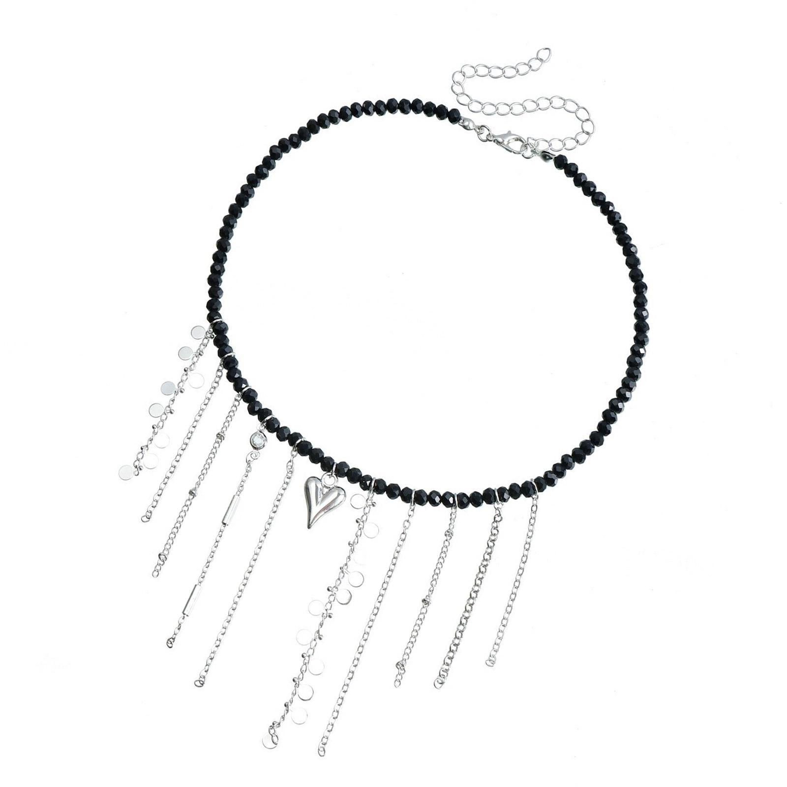 

Романтическое ожерелье с бахромой, луной и сердечком любви, прочное, из бусин, модный аксессуар для стильных нарядов и повседневной носки чёрный