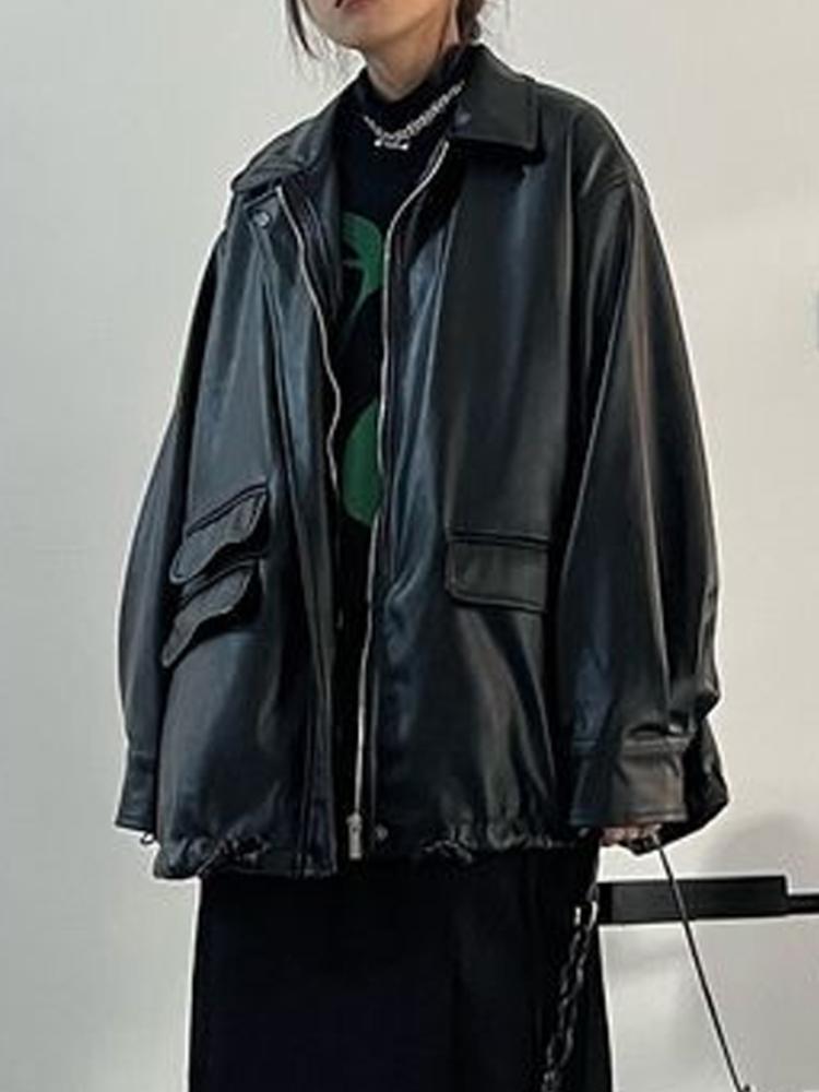 Winter Vintage Schwarz Punk Leder Jacke Frauen Streetwear Moto Biker Zipper Retro Mantel Neue Ästhetischen High Street Casual Oberbekleidung