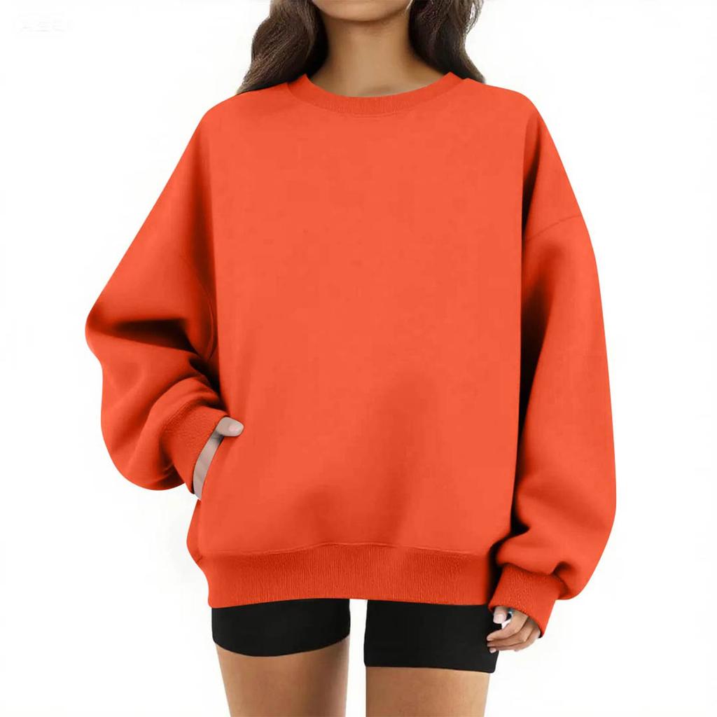 Women's Round Neck Tops Cotton Women's Casual Fashion Long Sleeve With Pocketed O-Neck Pullover Top Blouse