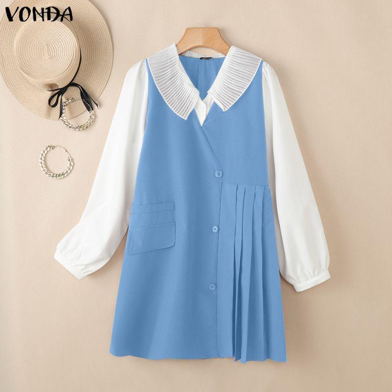 VONDA Women Lapel Neck Long Sleeve Ruffled Office Style Elegant Mini Dress