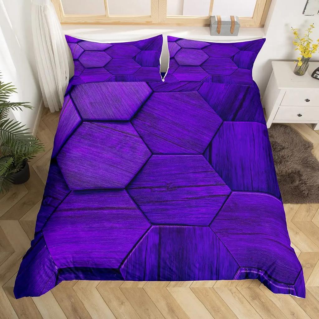 Honeycomb Duvet Cover Set Queen Size Geometry Hexagon Theme with Pink Blue Neon Lights Chic Comforter Cover for Boys Teen Man