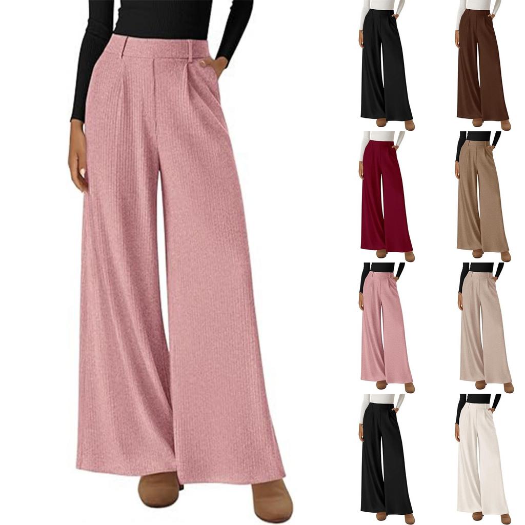 Fashion Women's Ribbed Casual Wide Leg Loose Straight Pants Elastic Waist Women's Trousers