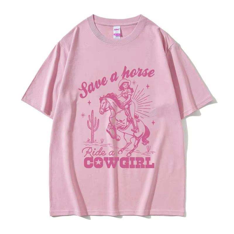 2025 Summe Save A Horse Ride A Cowboy Druck Freizeit Herren Damen Harajuku F100 Reine Baumwolle Bedrucktes Atmungsaktives T-Shirt Y2k