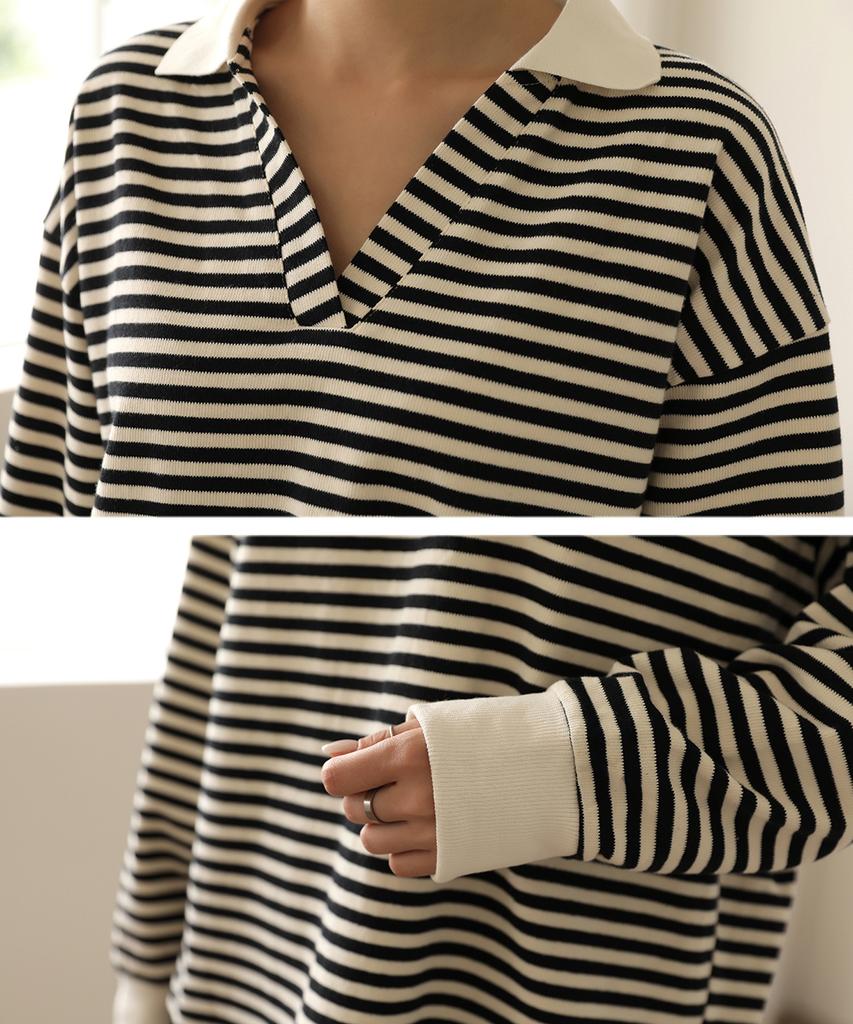 Ppaeppae Open Collar Color Block Striped Knit T-Shirt