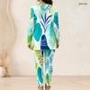 Women Plus Size Beige Blue Orange Printed Two Piece Set Half Zip Long Sleeve Longline Top Fitted Pants