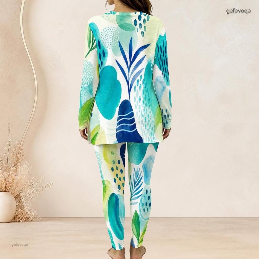 Women Plus Size Beige Blue Orange Printed Two Piece Set Half Zip Long Sleeve Longline Top Fitted Pants