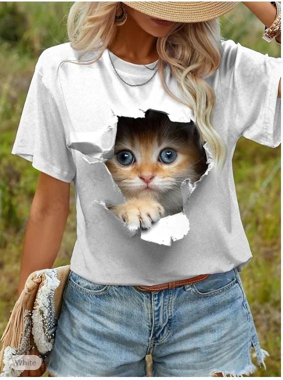 Funny Cat 3D Print Graphic T Shirt Women Fashion Casual O-Neck Oversized Short Sleeve T-shirt Animal Tops Tees Designer Clothes