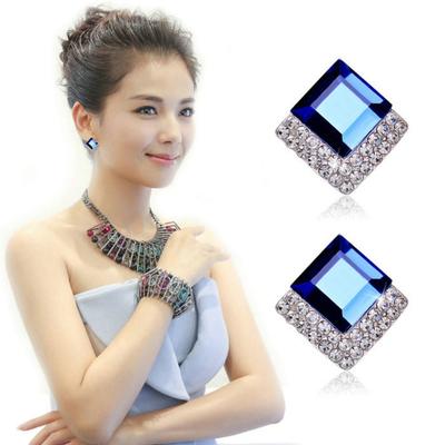 Elegant Blue Square Earrings Simple and Stylish Rhinestone Stud Earrings for Women