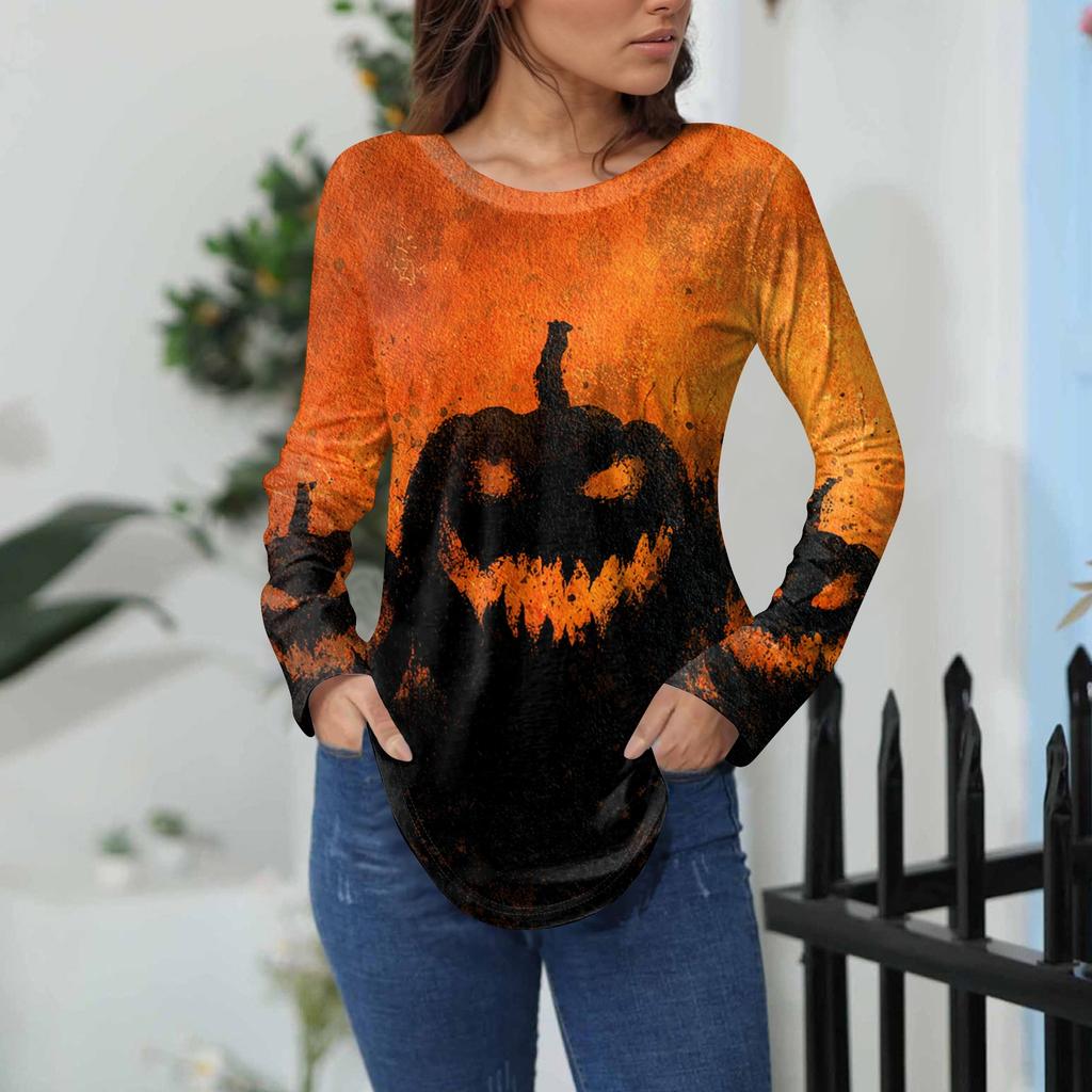 Women's Loose Fit Long Sleeve T-Shirt with Retro Halloween Print, Neck Pullover Top