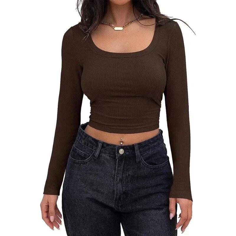 Podzimní Krátké tričko Slim Fit Žena Jednobarevné Dlouhý rukáv Sexy Dámské tričko se čtvercovým výstřihem Módní Dámské Ležérní Pletené trička Topy 30288