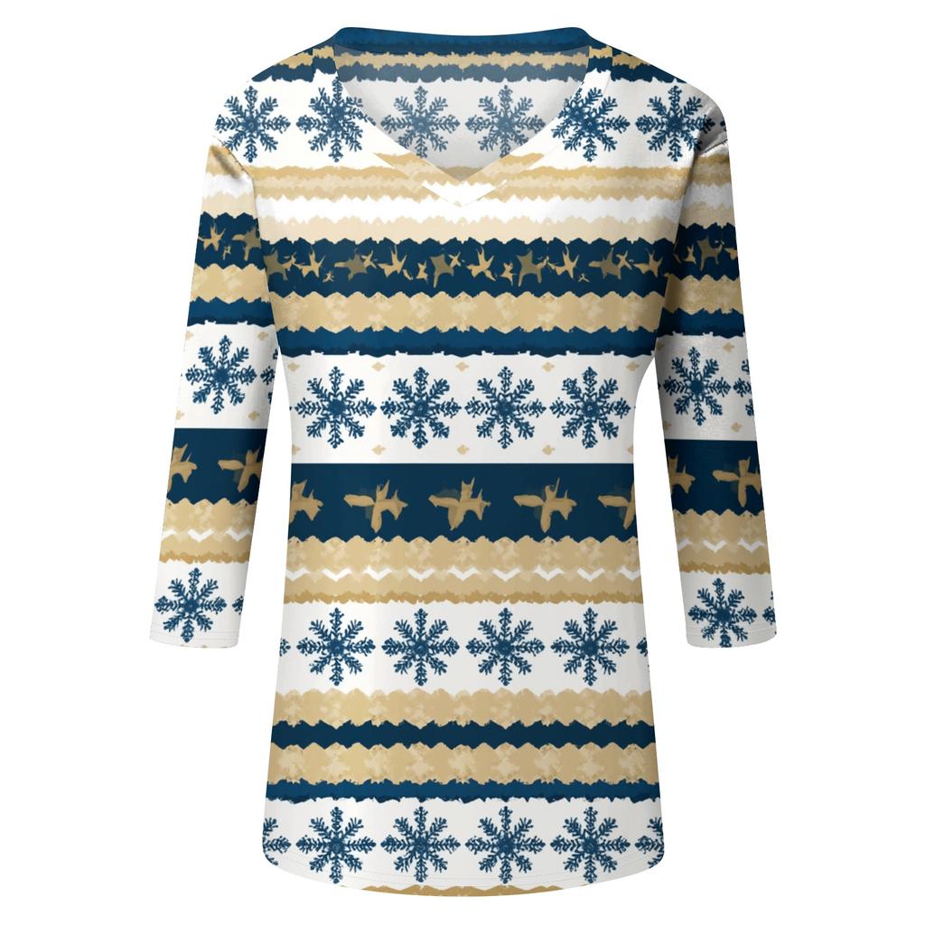 Women's Christmas Print V-Neck Three-Quarter Sleeve Casual Loose Fit Shirt