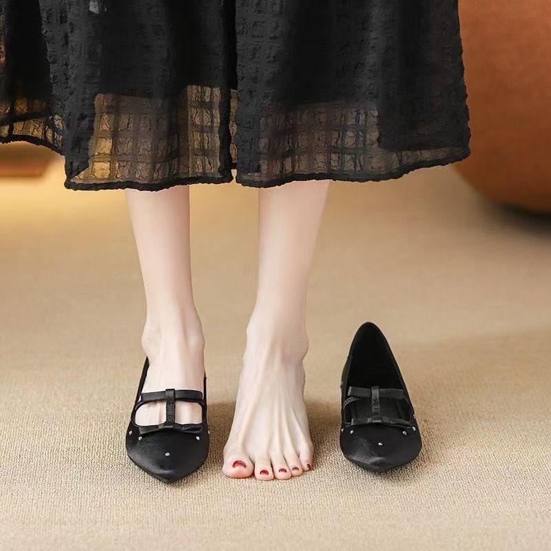 French Sweet Bow Pointed Rivets Heightening Single Shoes 2025 Spring New Niche Temperament Mary Jane Shoes Women