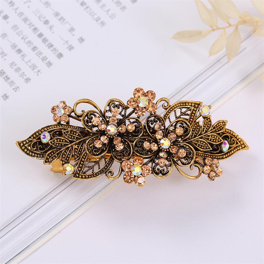 Korean Fashion Retro Colorful Rhinestone Hairpin Elegant Ladies Bronze Metal Flower Plate Hair Top Clip Headband Hair Accessory